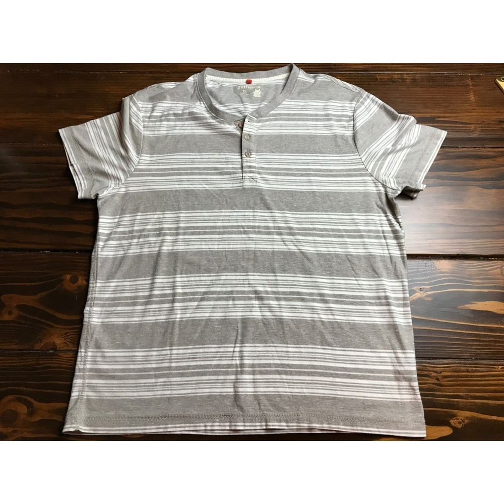 Ruff Hewn T-Shirt Men's Size XL Cream Tan Henley Striped Short Sleeve Tee